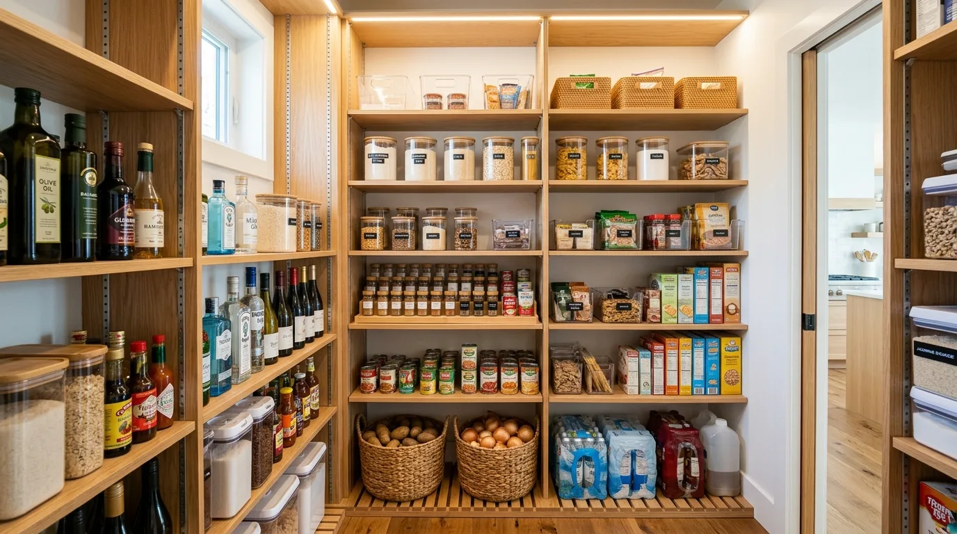 Store heavier items lower down for 13 Functional Small Walk-In Pantry Ideas for Kitchen Organization