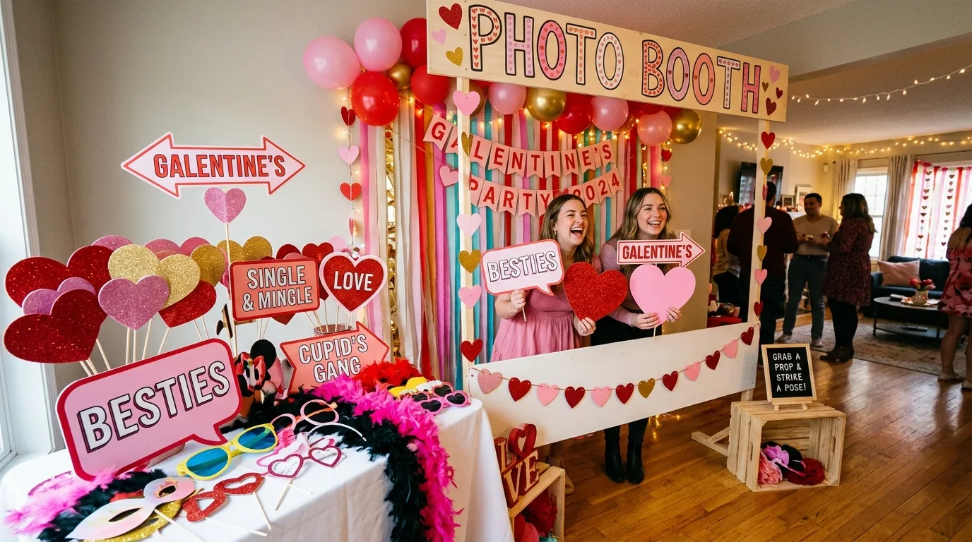 Create a DIY photo booth corner for 13 Festive Galentine's Party Decor Ideas to Celebrate Friendship
