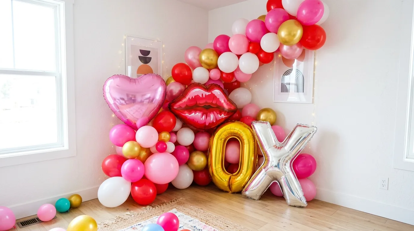Use one balloon-filled corner as a statement for 13 Festive Galentine's Party Decor Ideas to Celebrate Friendship