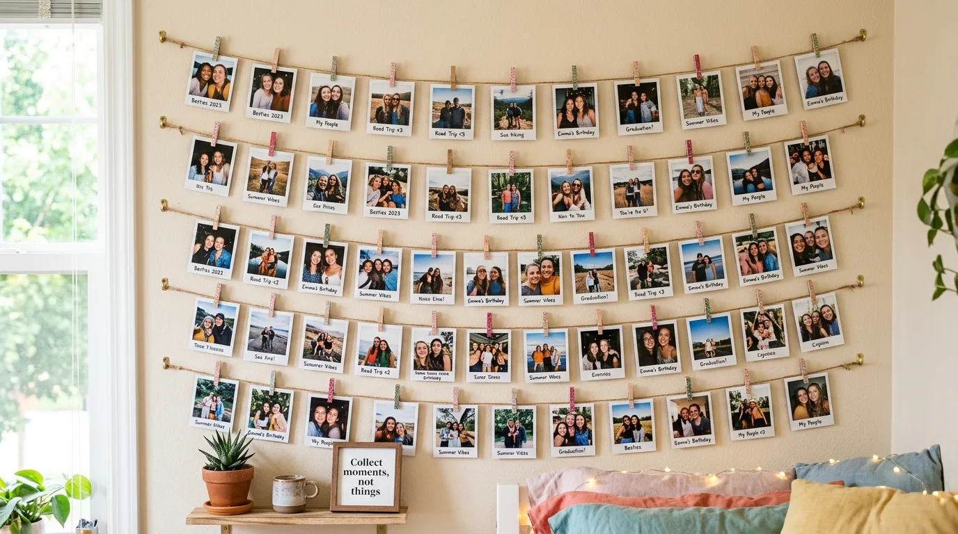 Create a friendship photo wall for 13 Festive Galentine's Party Decor Ideas to Celebrate Friendship