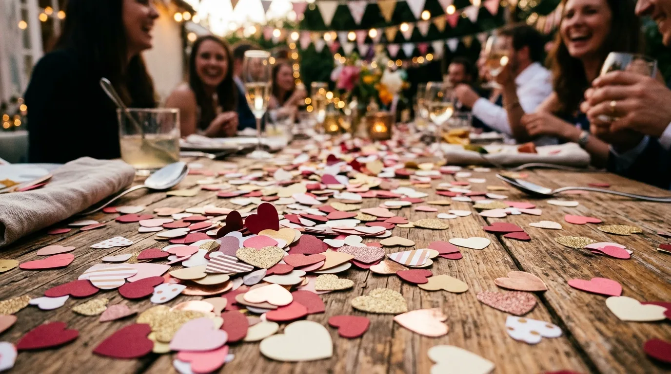 Scatter heart confetti across the table for 13 Festive Galentine's Party Decor Ideas to Celebrate Friendship