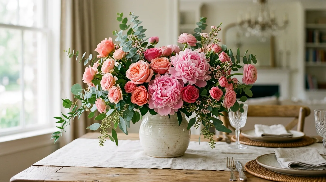 Use florals as the softening layer for 13 Festive Galentine's Party Decor Ideas to Celebrate Friendship