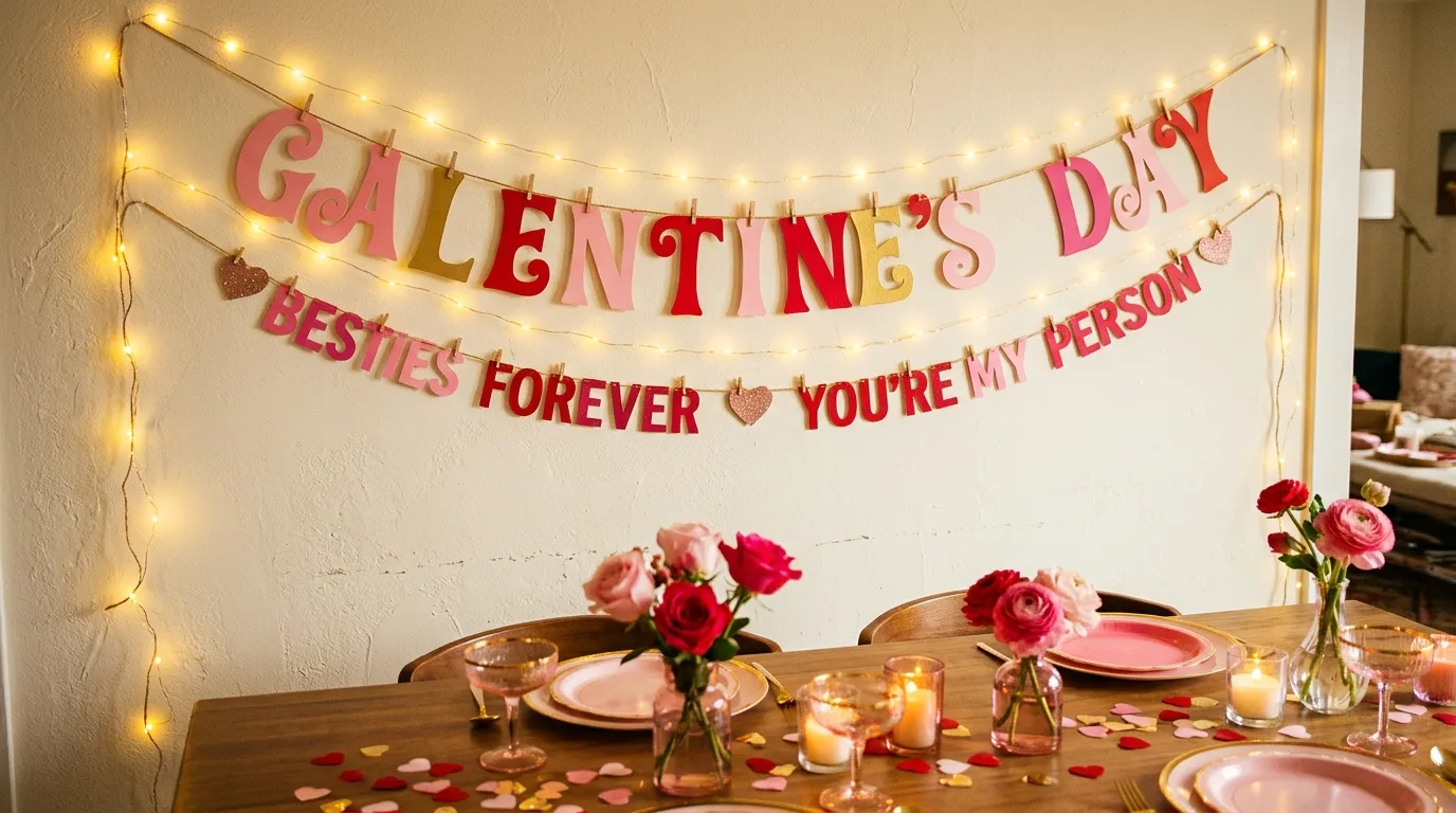 Add a simple themed banner for 13 Festive Galentine's Party Decor Ideas to Celebrate Friendship