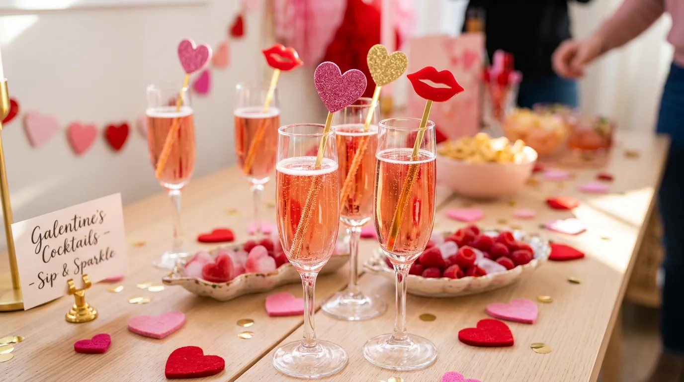 Style the drink station like a feature for 13 Festive Galentine's Party Decor Ideas to Celebrate Friendship