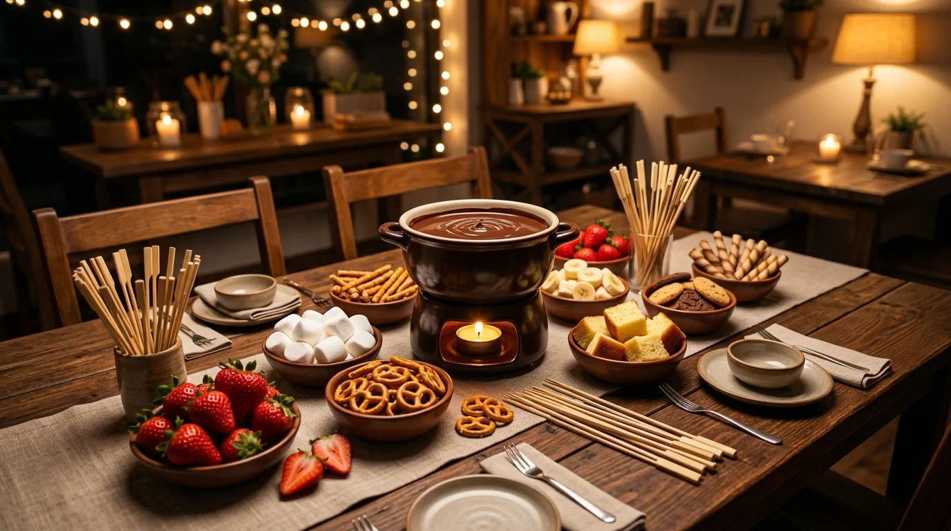 Set up chocolate fondue for 14 Delicious Galentine's Party Food Ideas for a Night In