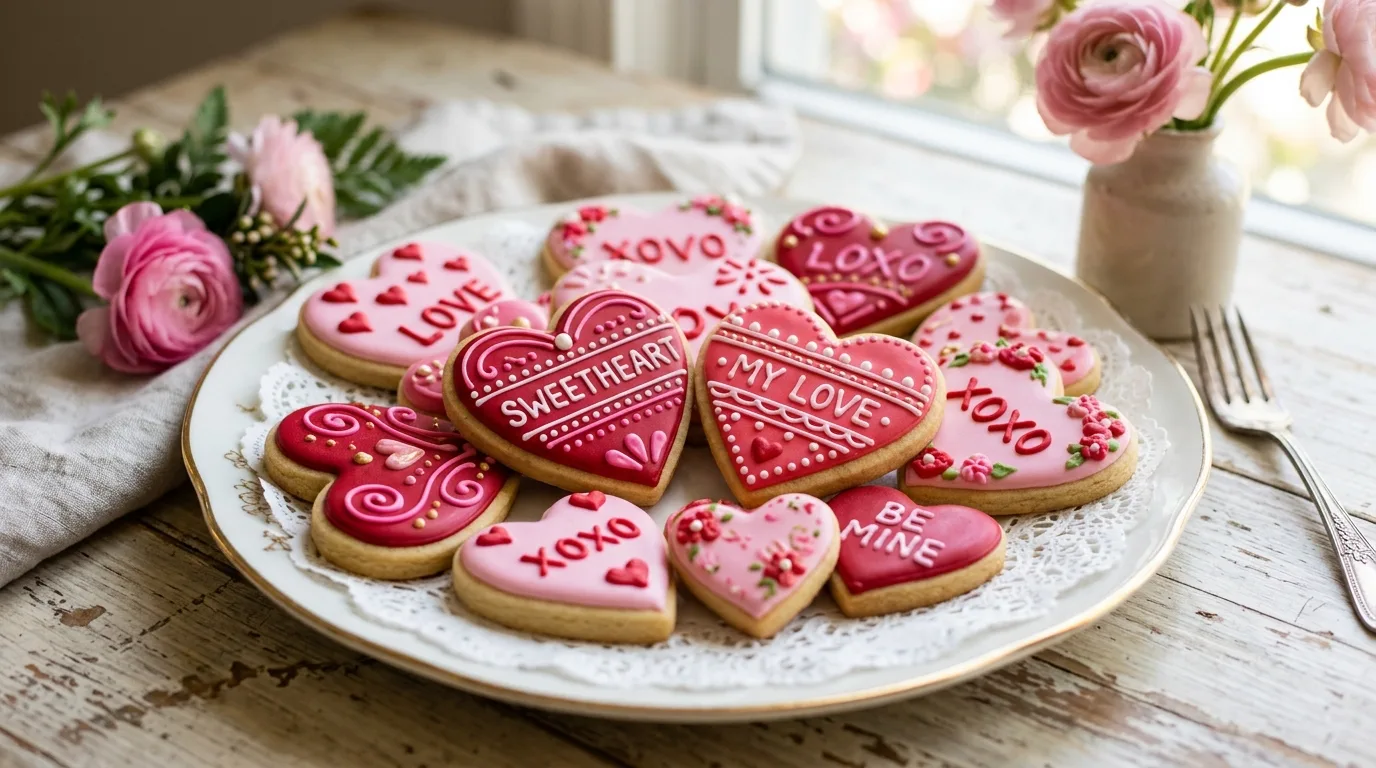 Decorate sweetheart sugar cookies for 14 Delicious Galentine's Party Food Ideas for a Night In