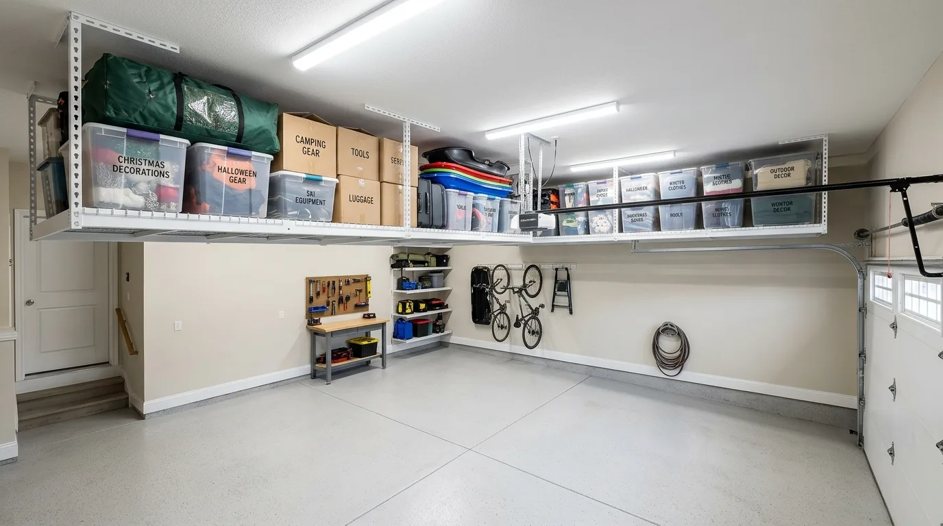 Try ceiling racks for less-used items for 11 Genius Garage Organization Ideas to Reclaim Your Parking Spot
