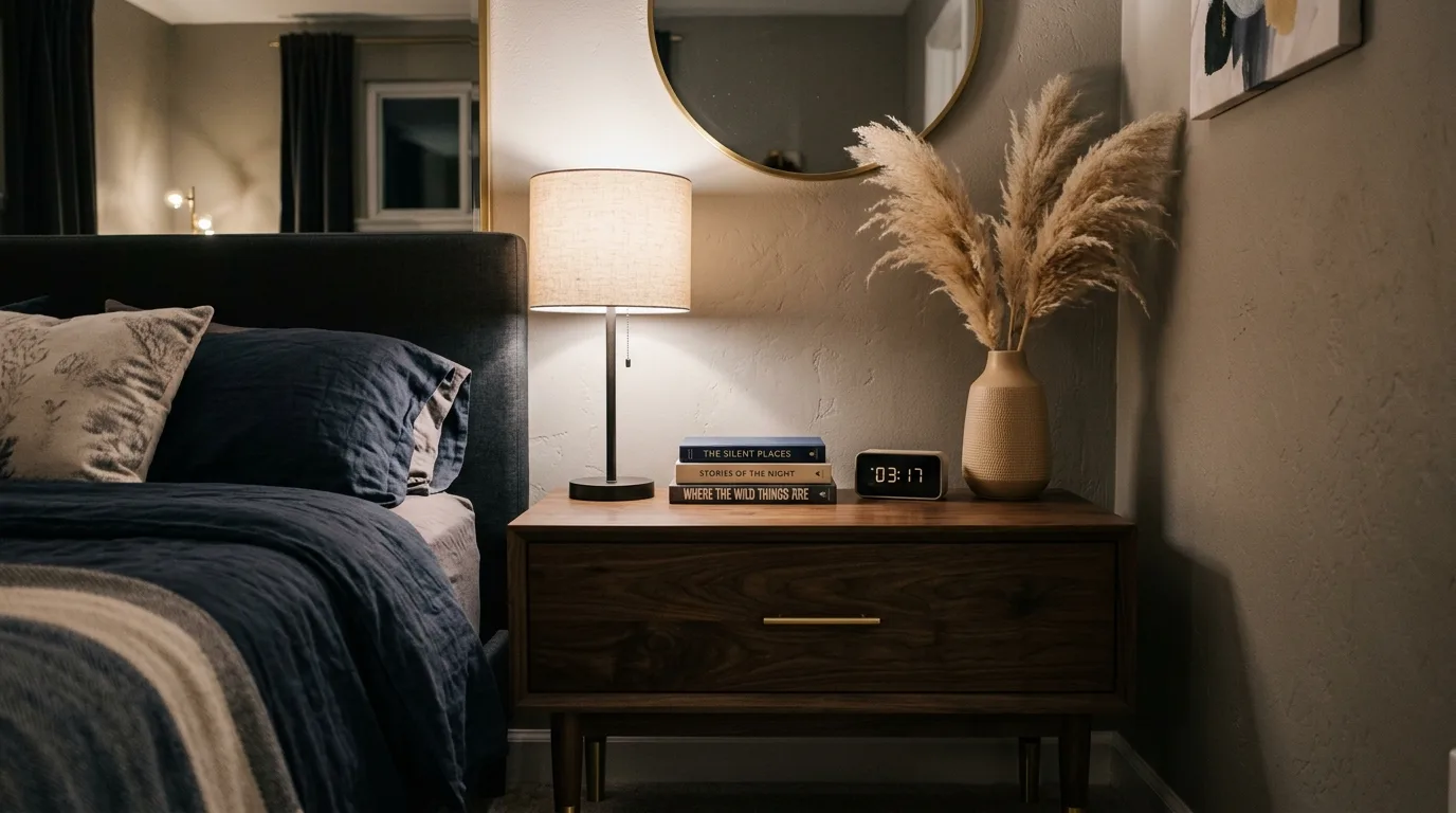 Deep wood with pampas grass for 14 Genius Nightstand Decor Ideas to Elevate Your Bedroom Style
