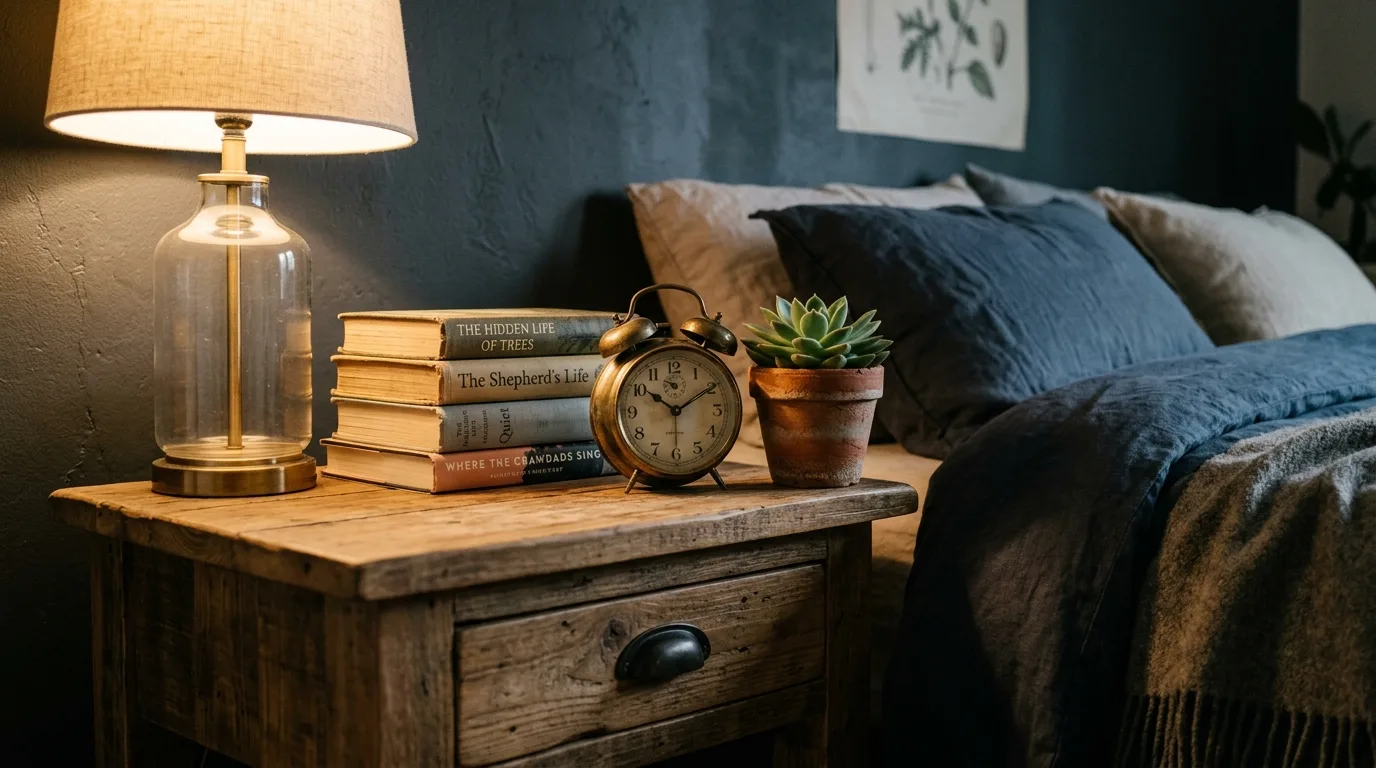Rustic wood styling with books for 14 Genius Nightstand Decor Ideas to Elevate Your Bedroom Style