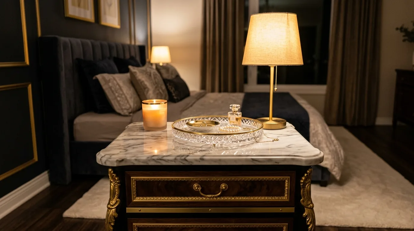 Marble and metallic accents for 14 Genius Nightstand Decor Ideas to Elevate Your Bedroom Style