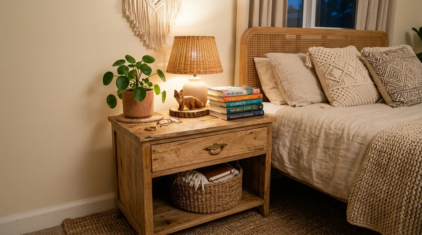 Boho texture and collected decor for 14 Genius Nightstand Decor Ideas to Elevate Your Bedroom Style