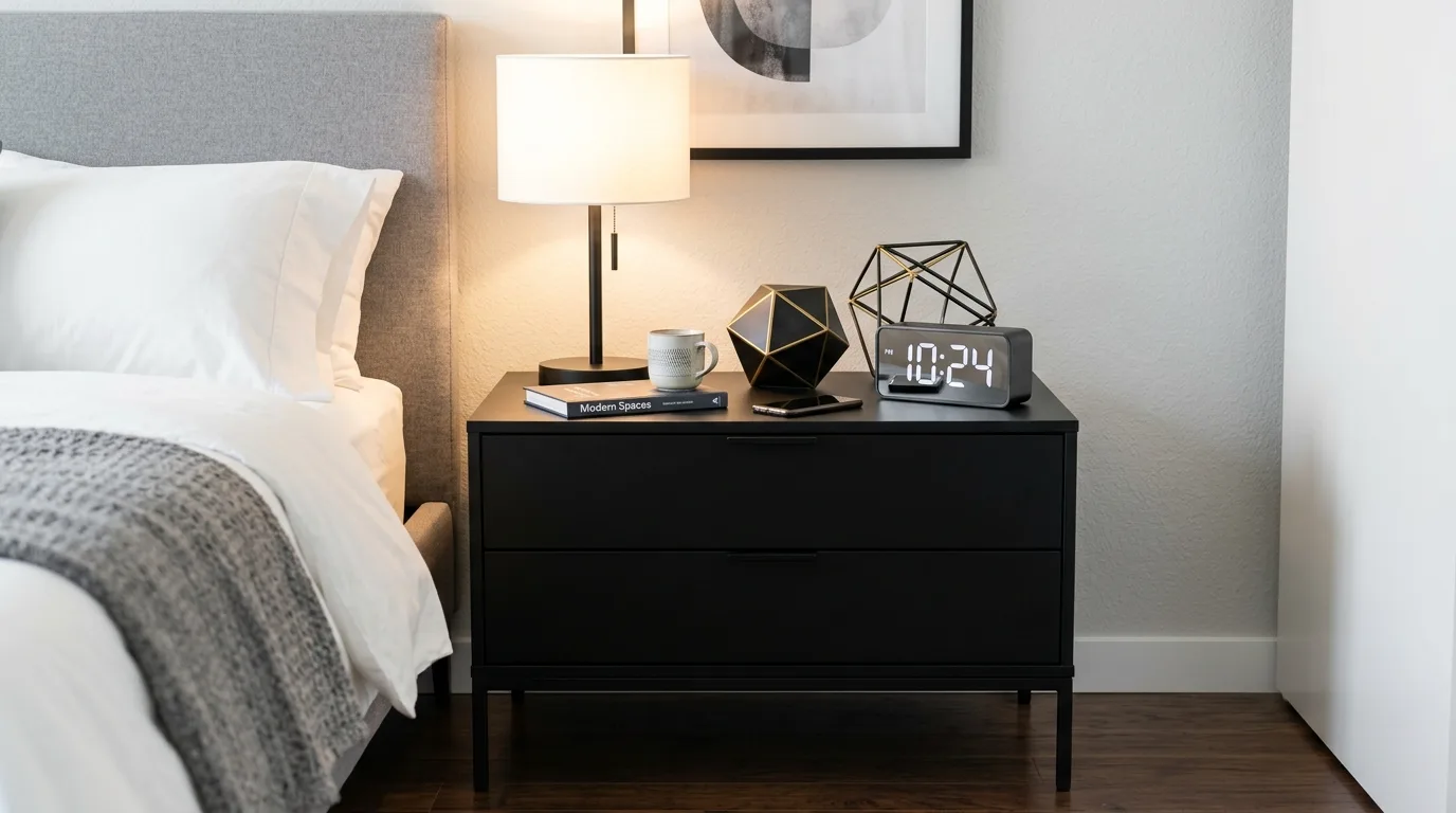 Contemporary black and geometric decor for 14 Genius Nightstand Decor Ideas to Elevate Your Bedroom Style