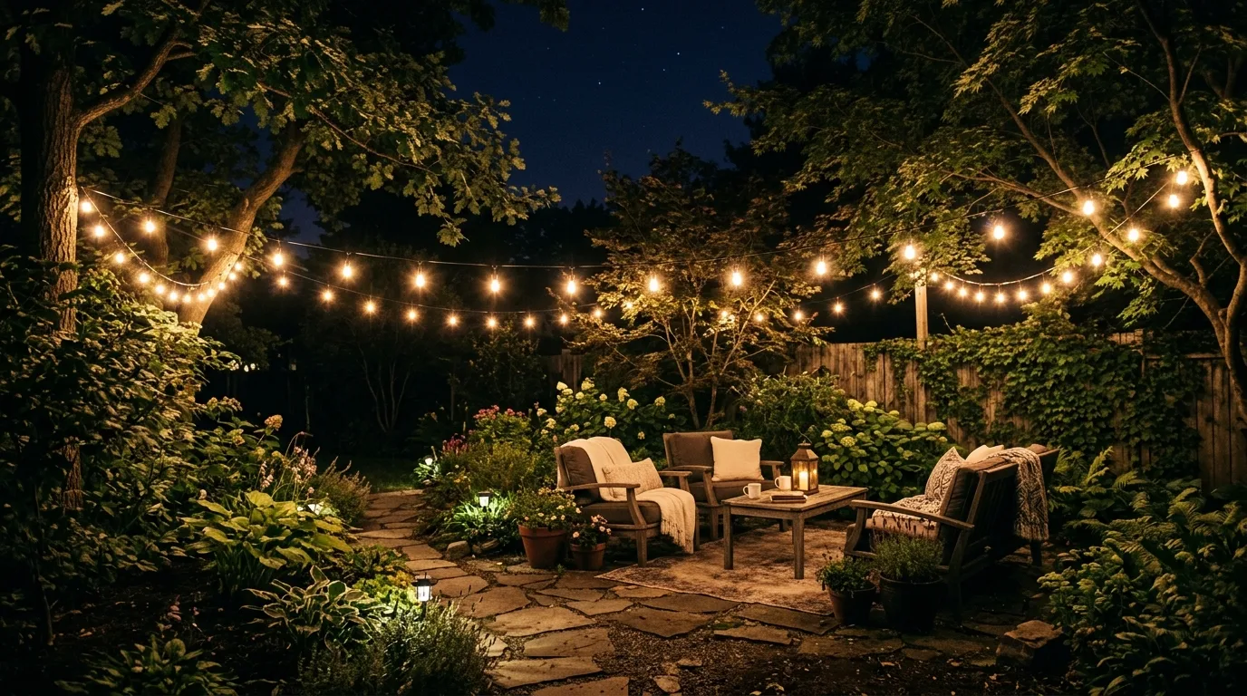 Drape string lights through trees or overhead for 14 Gorgeous Garden Lighting Ideas for a Magical Nighttime Landscape