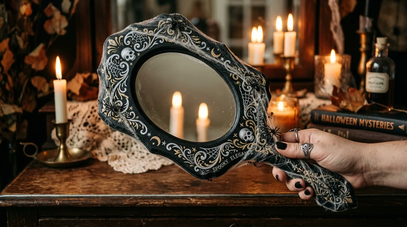 Restyle a mirror with ornate dark details for 11 Spooky Chic Halloween Crafts for Adults to DIY This Fall