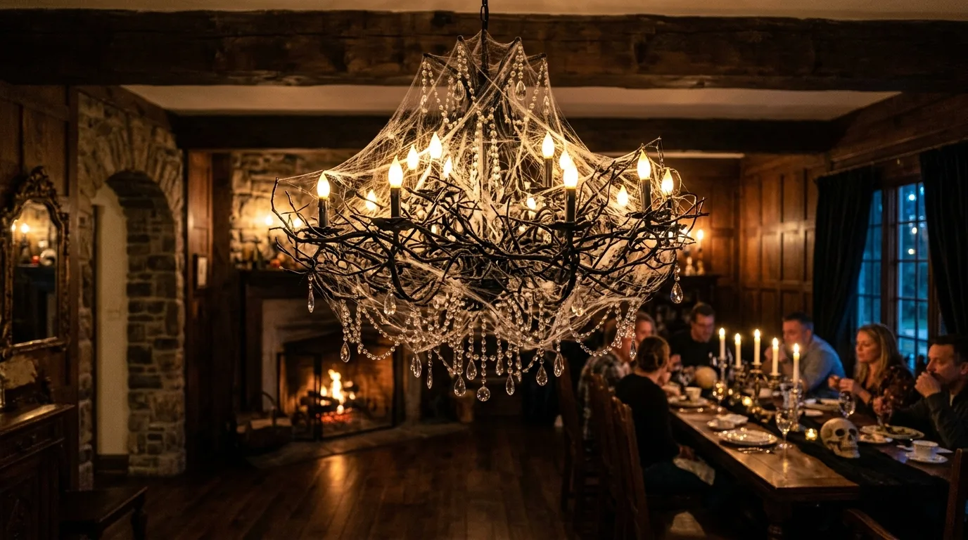 Make a spooky chandelier centerpiece for 11 Spooky Chic Halloween Crafts for Adults to DIY This Fall