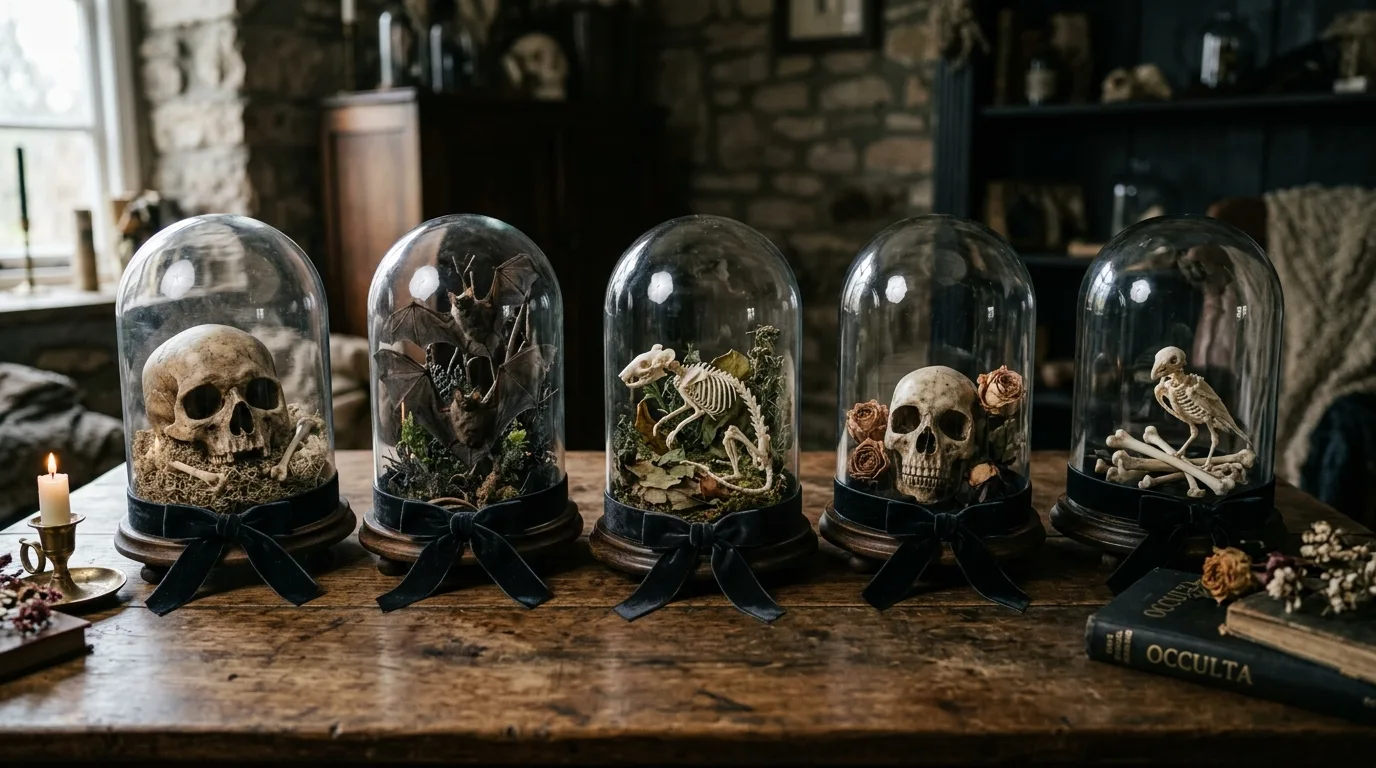 Use cloches for eerie mini displays for 11 Spooky Chic Halloween Crafts for Adults to DIY This Fall