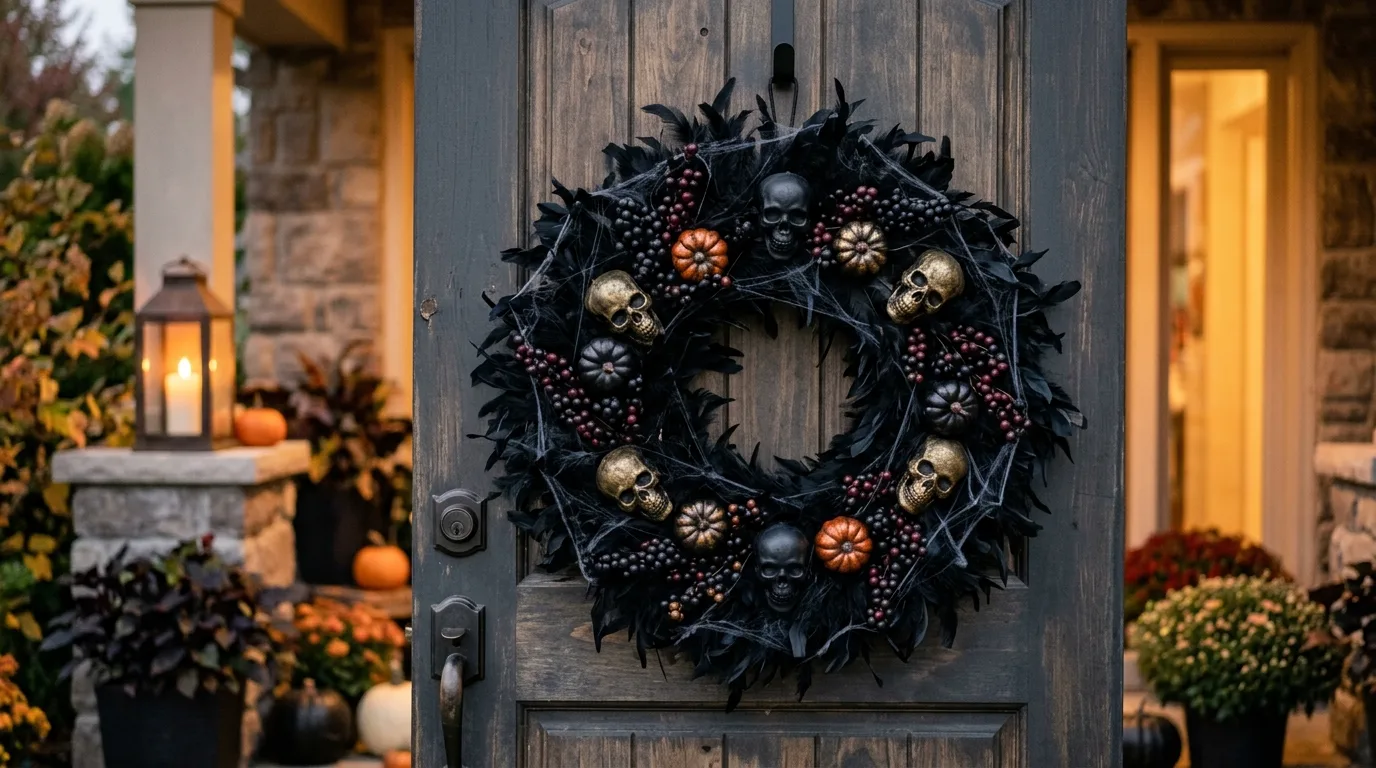 Craft a wreath with feathers and berries for 11 Spooky Chic Halloween Crafts for Adults to DIY This Fall