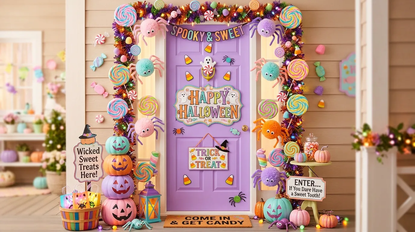 Repeat shapes like moons, stars, or bats for 12 Spooky and Cute Halloween Door Decor Ideas for Trick-or-Treaters