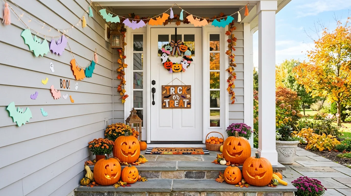 Use bats flying across the door for 12 Spooky and Cute Halloween Door Decor Ideas for Trick-or-Treaters