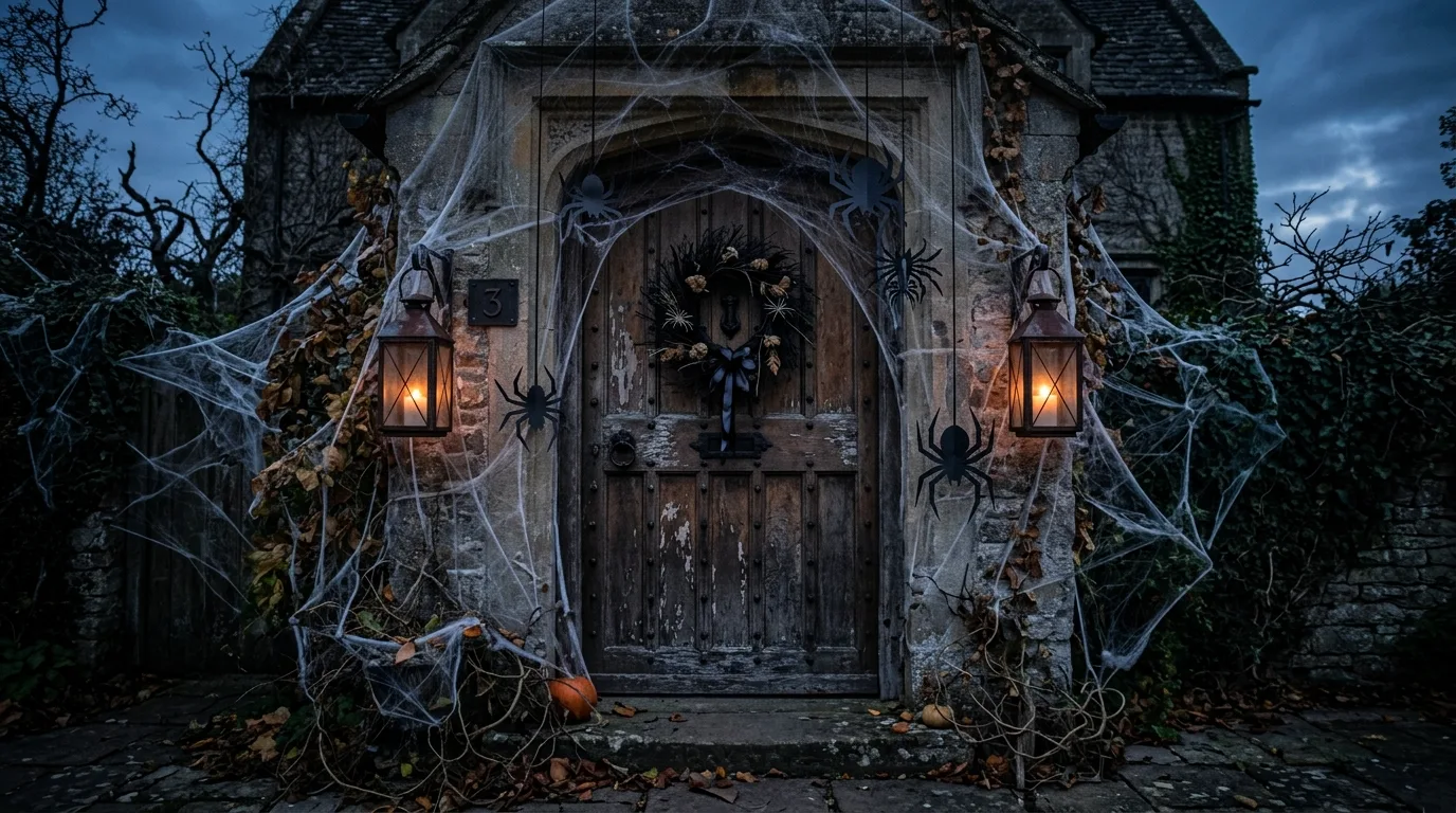 Add stacked pumpkins or lanterns for 12 Spooky and Cute Halloween Door Decor Ideas for Trick-or-Treaters