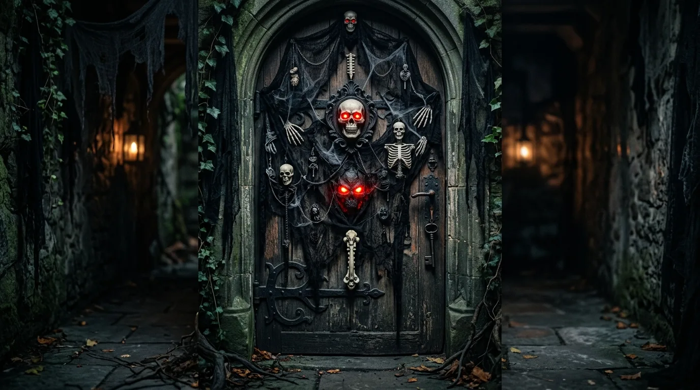 Add a themed welcome sign for 12 Spooky and Cute Halloween Door Decor Ideas for Trick-or-Treaters