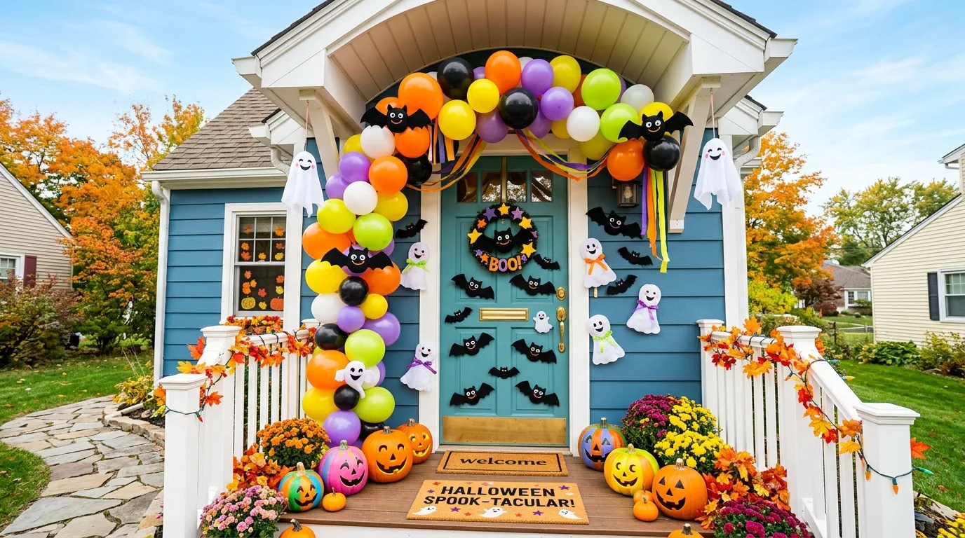 Style the mat with seasonal color for 12 Spooky and Cute Halloween Door Decor Ideas for Trick-or-Treaters