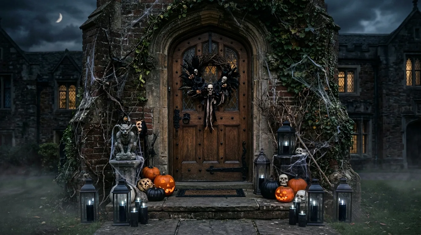 Use purple or amber light at night for 12 Spooky and Cute Halloween Door Decor Ideas for Trick-or-Treaters