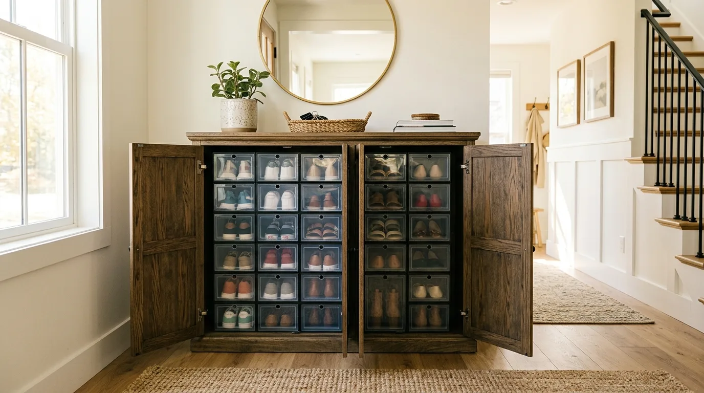 Hide stackable units behind a console shell for 14 Clever Hidden Shoe Cabinets for an Entryway Clutter Fix