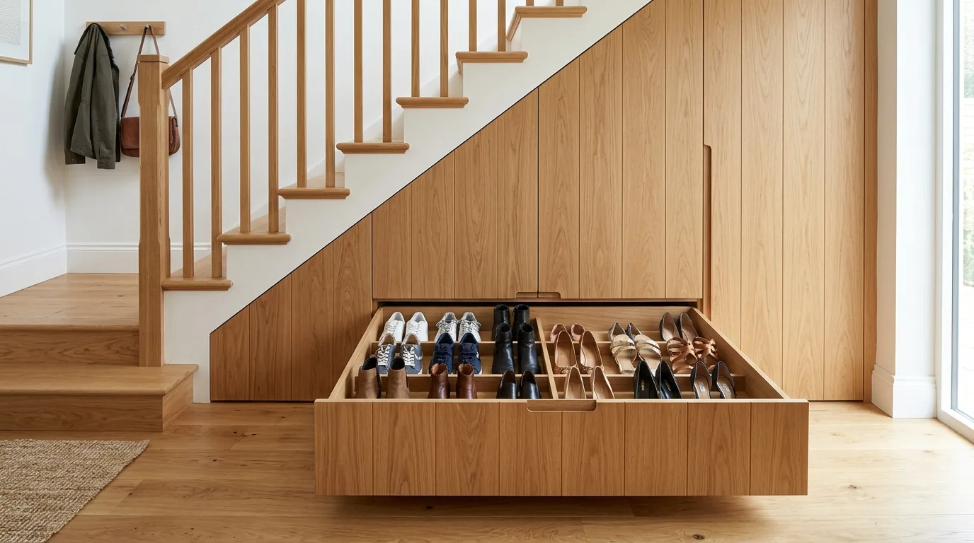Use under-stair drawers if the layout allows for 14 Clever Hidden Shoe Cabinets for an Entryway Clutter Fix