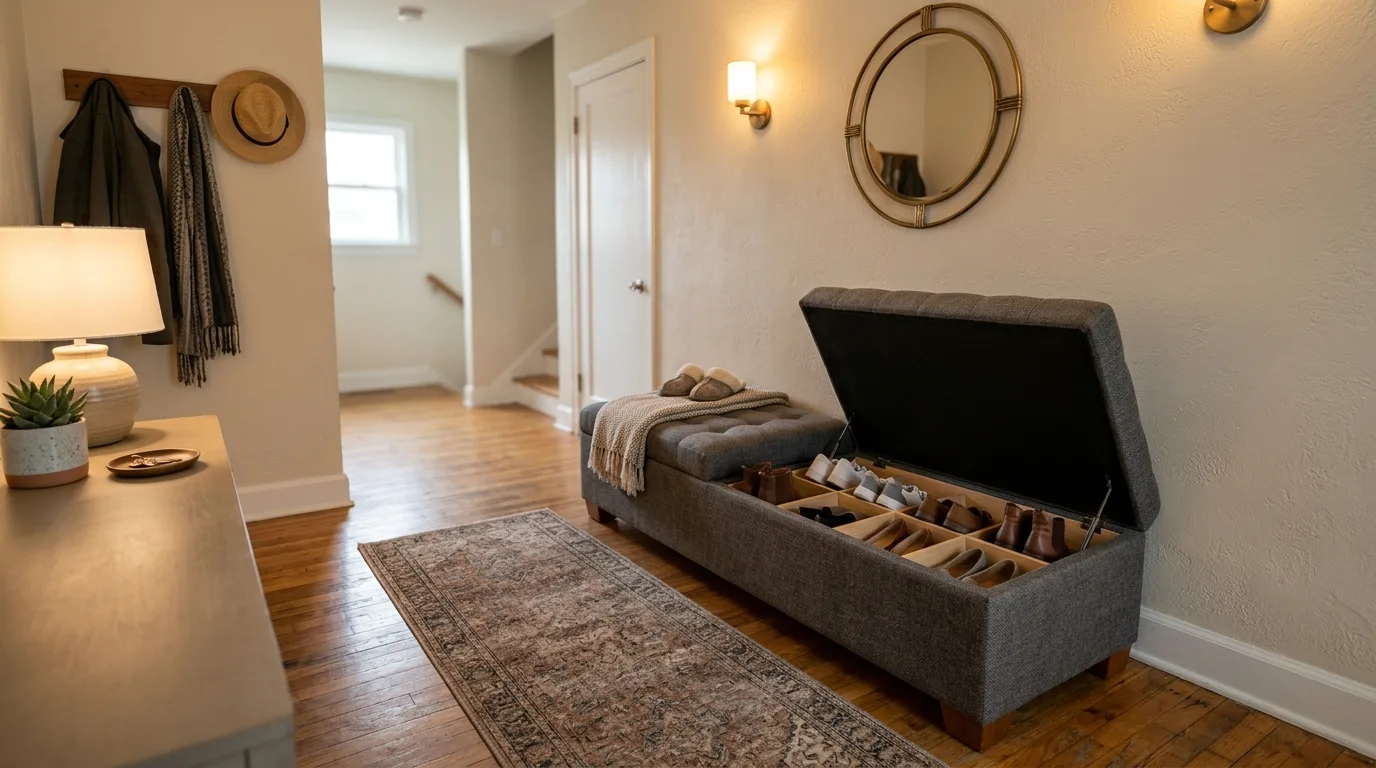 Turn an ottoman into shoe storage for 14 Clever Hidden Shoe Cabinets for an Entryway Clutter Fix