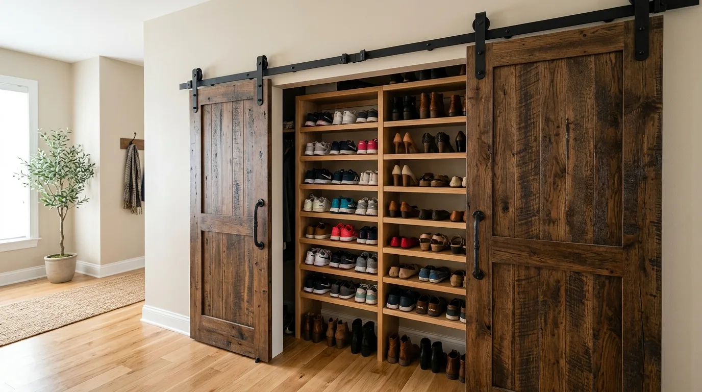 Close off a shoe niche with barn doors for 14 Clever Hidden Shoe Cabinets for an Entryway Clutter Fix