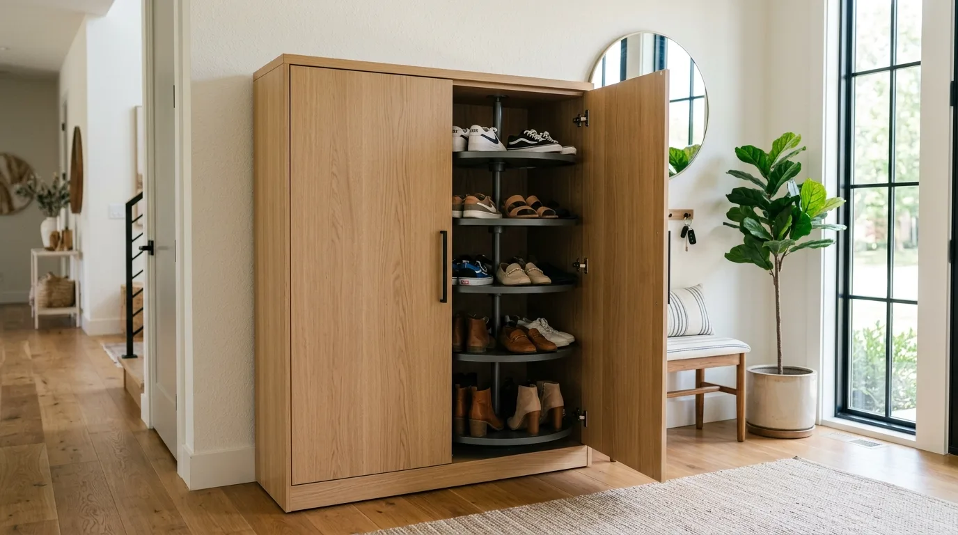 Use a rotating cabinet for capacity for 14 Clever Hidden Shoe Cabinets for an Entryway Clutter Fix