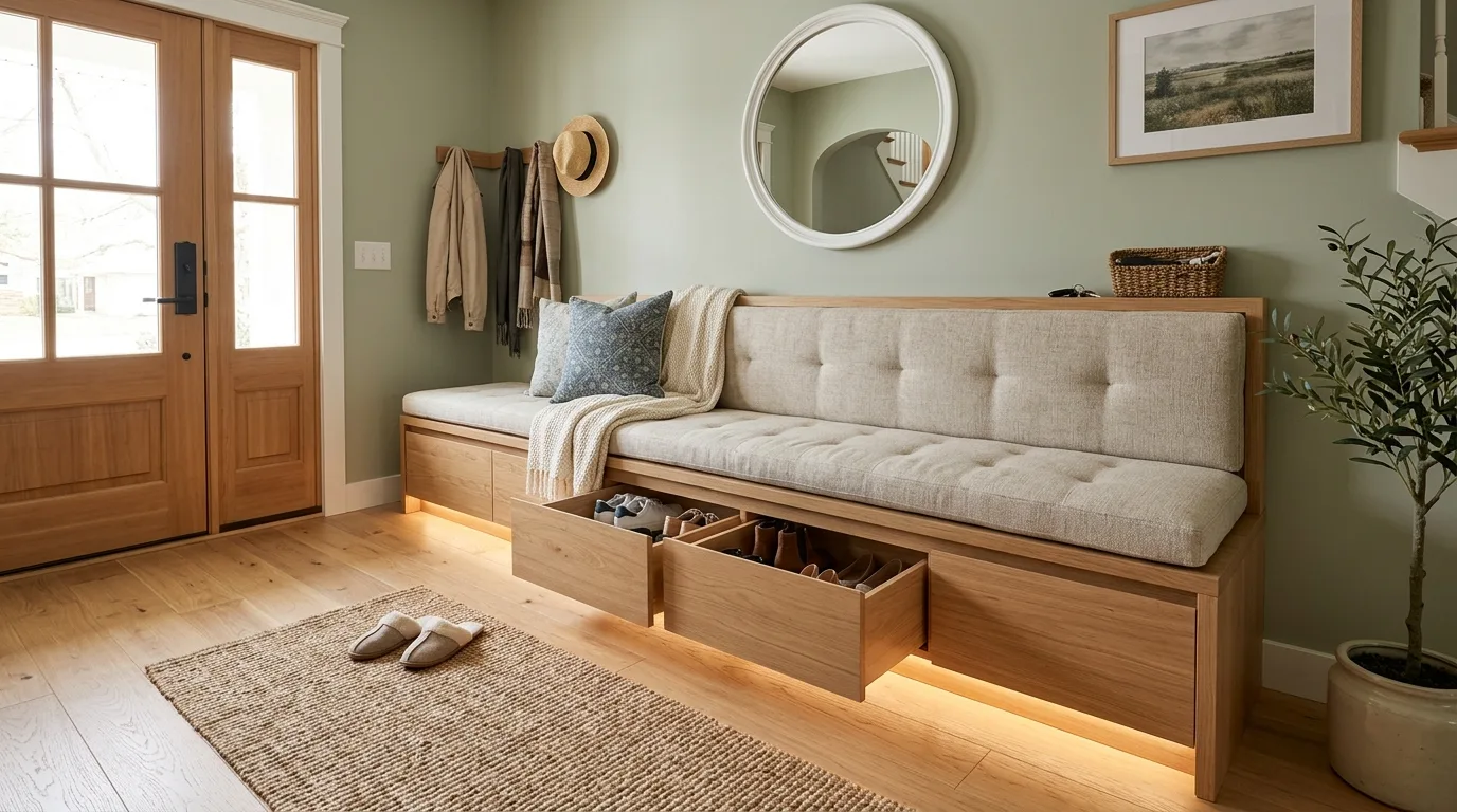 Choose a bench with hidden drawers for 14 Clever Hidden Shoe Cabinets for an Entryway Clutter Fix