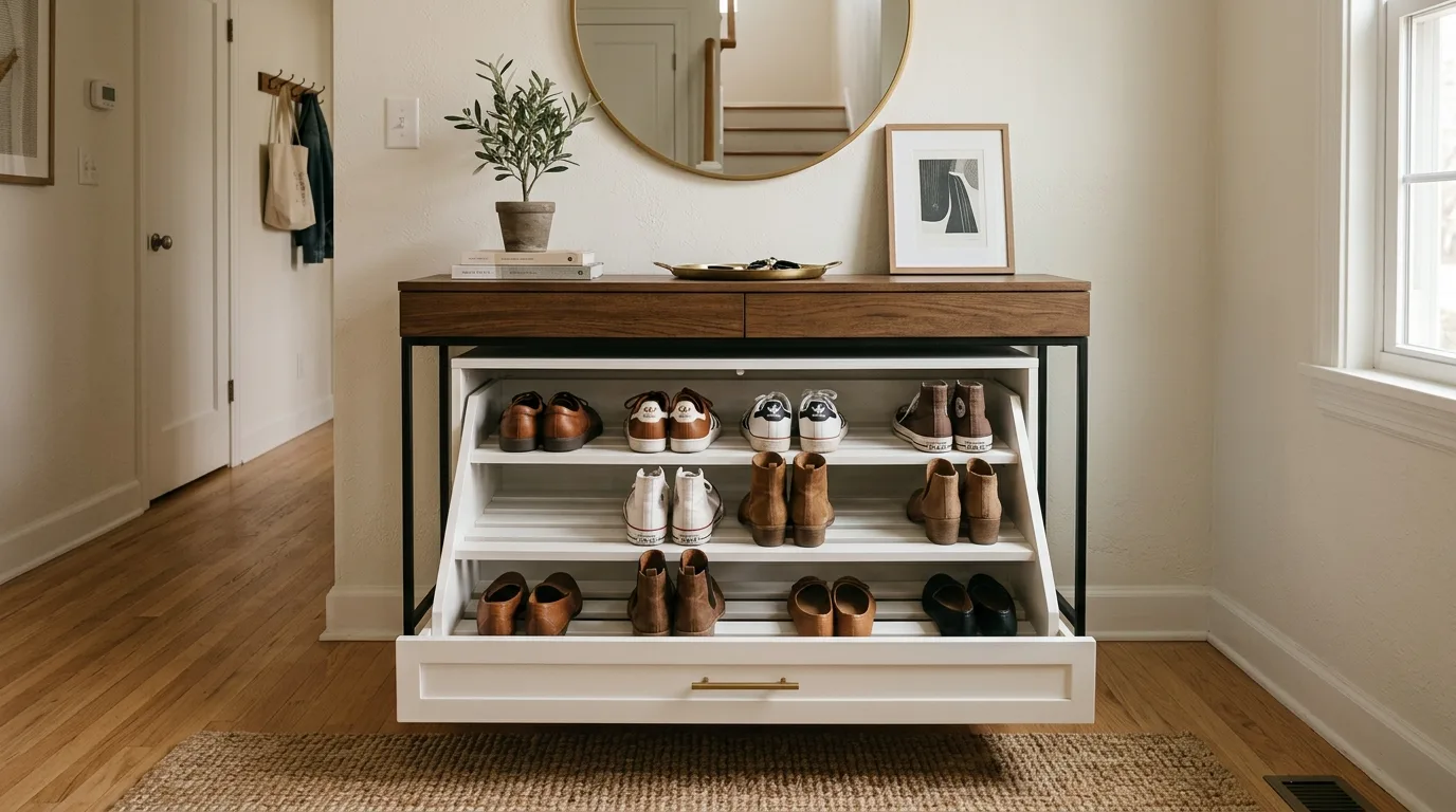 Add a pull-out drawer under a console for 14 Clever Hidden Shoe Cabinets for an Entryway Clutter Fix
