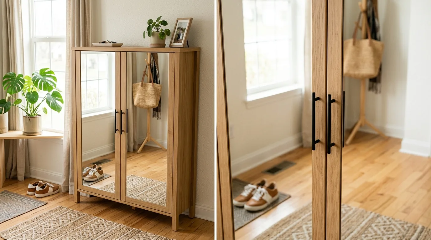 Try mirrored cabinet doors for 14 Clever Hidden Shoe Cabinets for an Entryway Clutter Fix