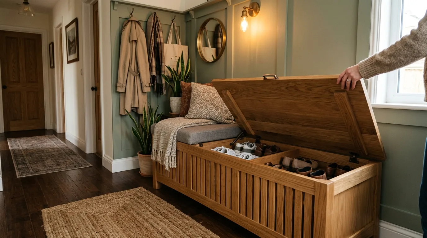 Use a hinged-top storage bench for 14 Clever Hidden Shoe Cabinets for an Entryway Clutter Fix