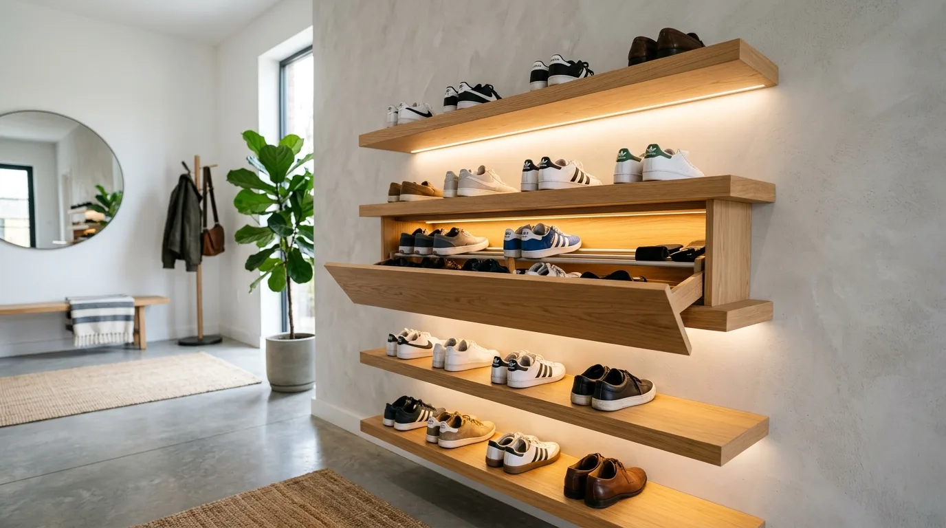 Try floating shelves with hidden compartments for 14 Clever Hidden Shoe Cabinets for an Entryway Clutter Fix