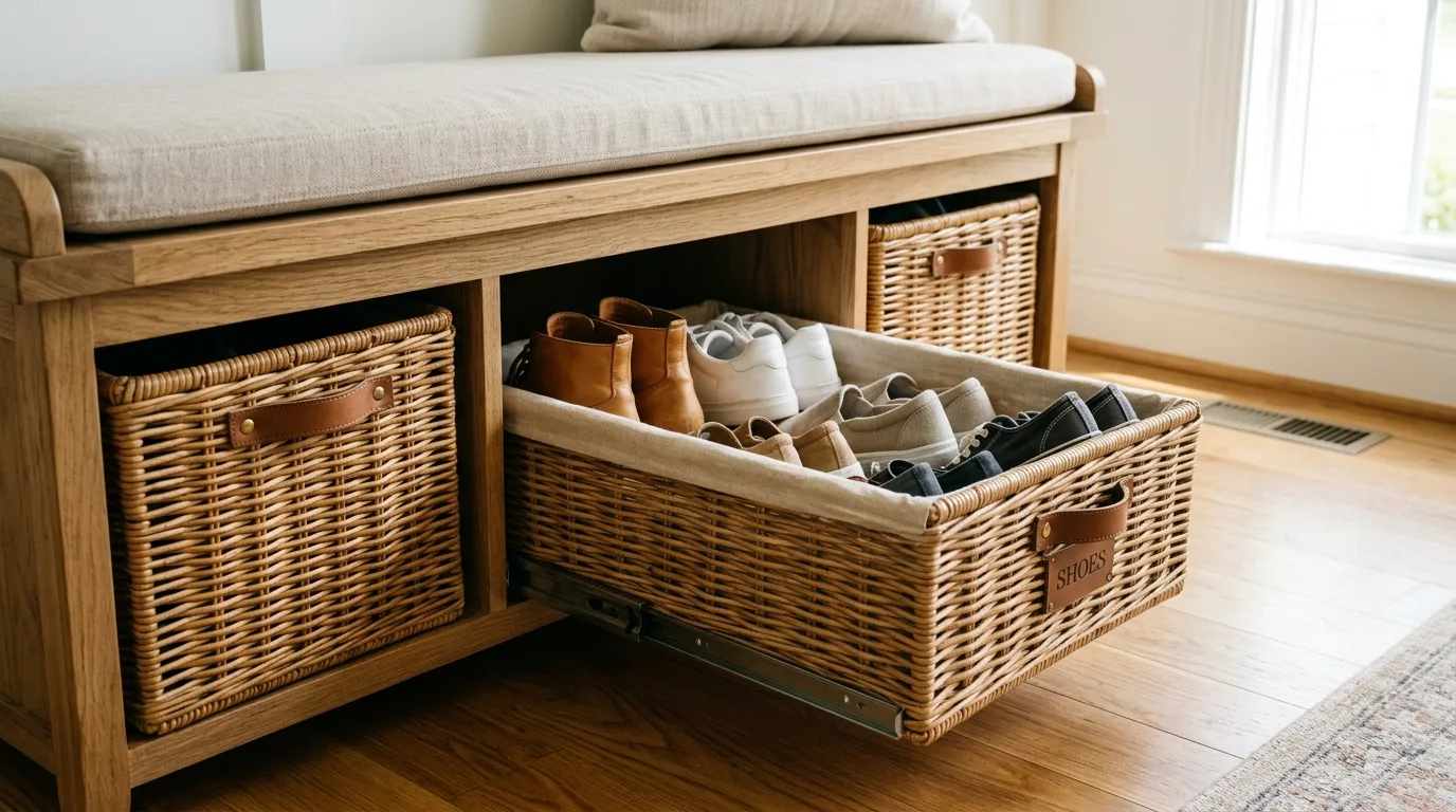 Tuck baskets under a bench for 14 Clever Hidden Shoe Cabinets for an Entryway Clutter Fix