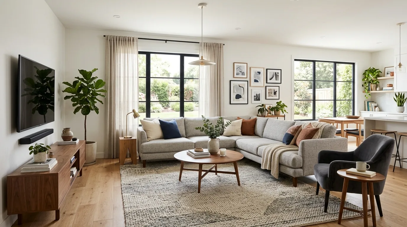 Add storage that does not block flow for 12 Essential Home Decor Ideas for Living Room Layouts