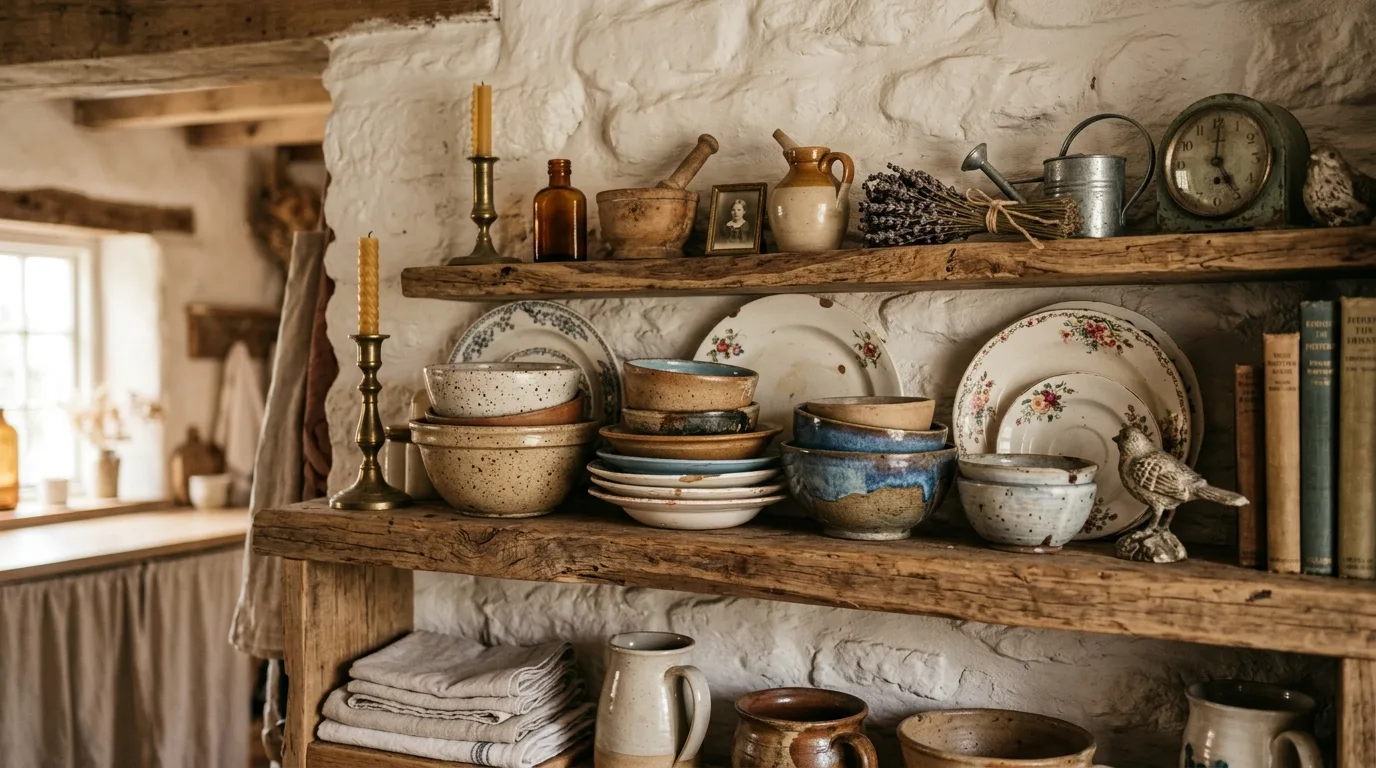 Style shelves with secondhand pottery for 12 Inspiring Ideas for Home Decor Using Thrifted Finds