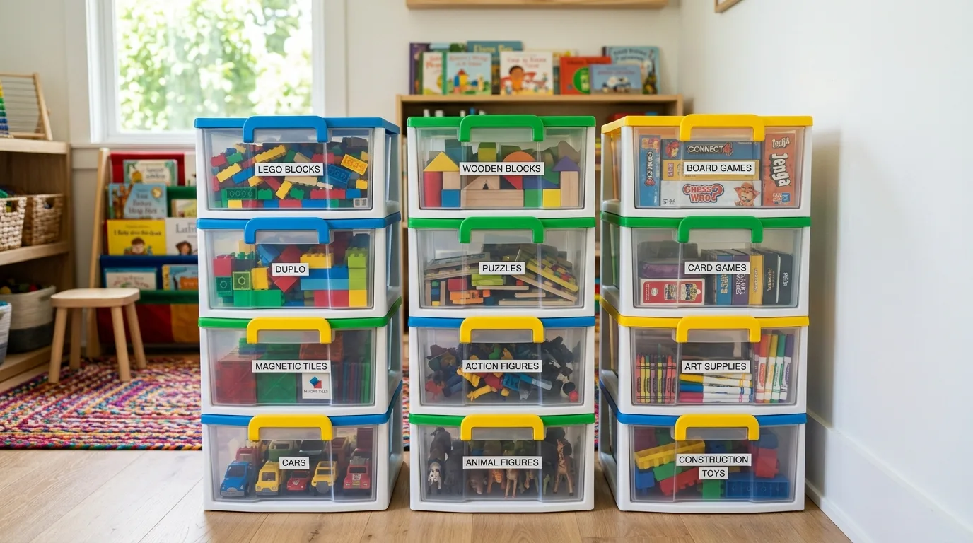 Stack organizers for puzzles and games for 11 Genius Kids Organization Hacks for Toy Chaos Control
