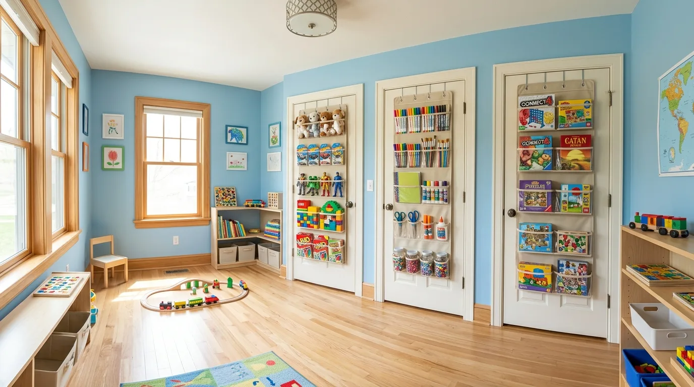 Hang organizers on the back of the door for 11 Genius Kids Organization Hacks for Toy Chaos Control