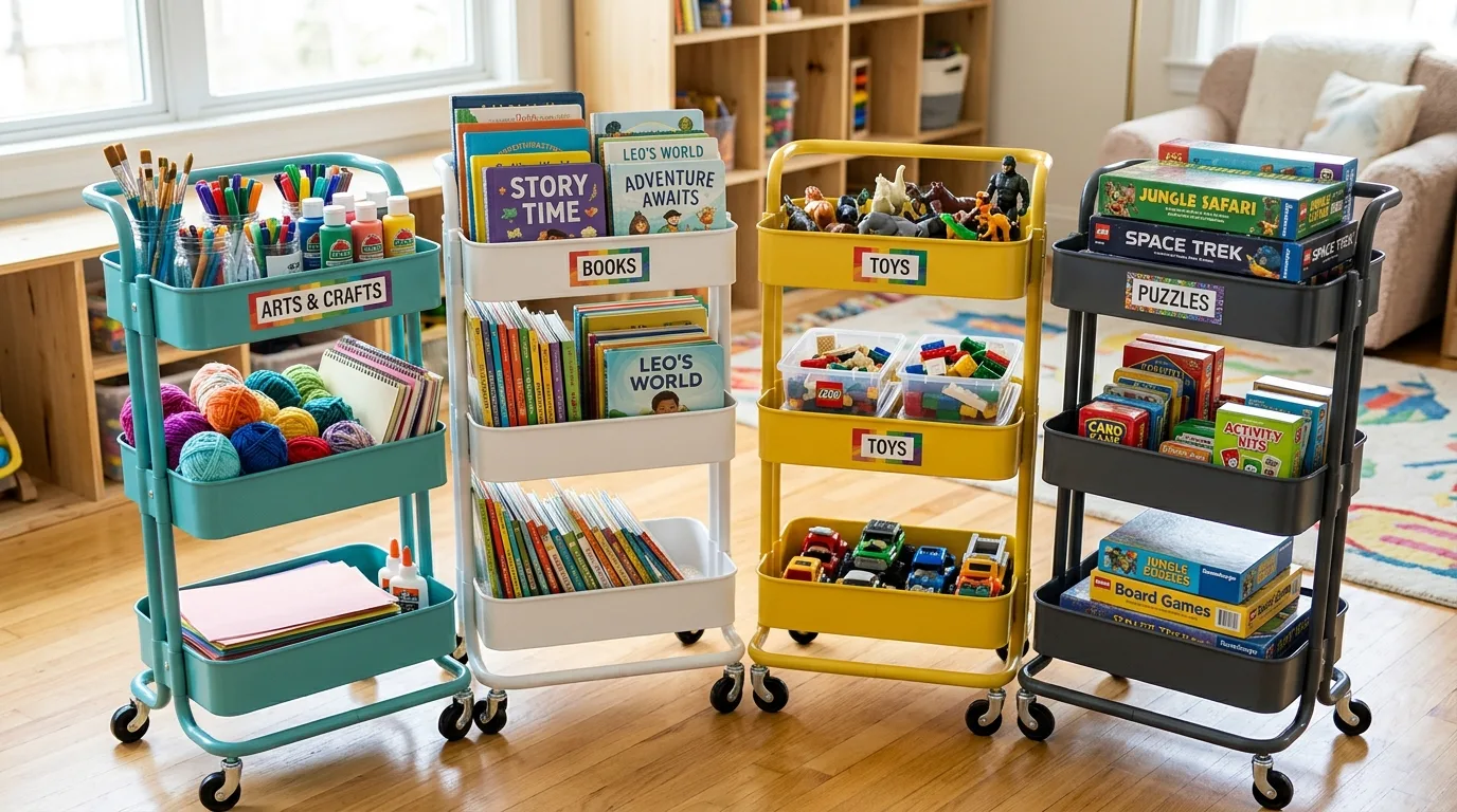 Roll in a cart for flexible storage for 11 Genius Kids Organization Hacks for Toy Chaos Control