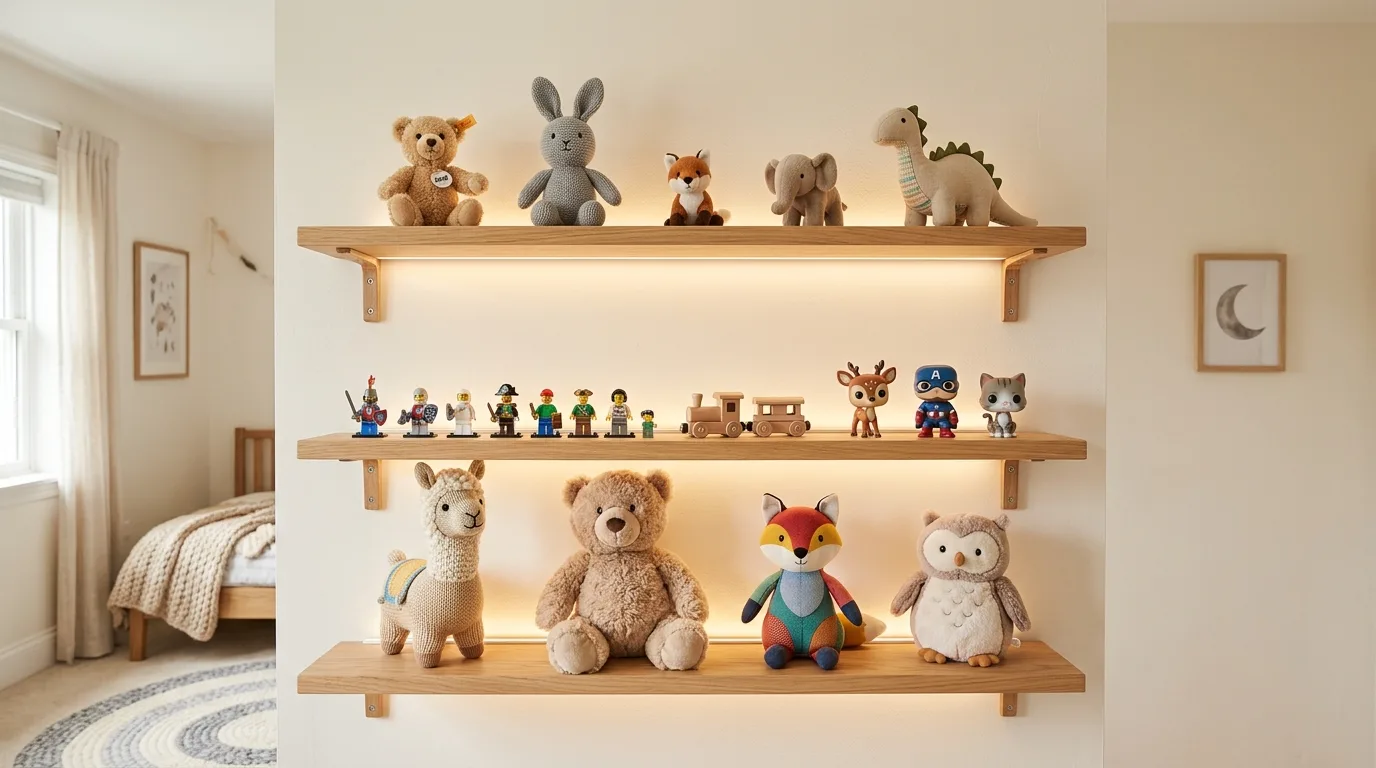 Use wall shelves to lift clutter off the floor for 11 Genius Kids Organization Hacks for Toy Chaos Control
