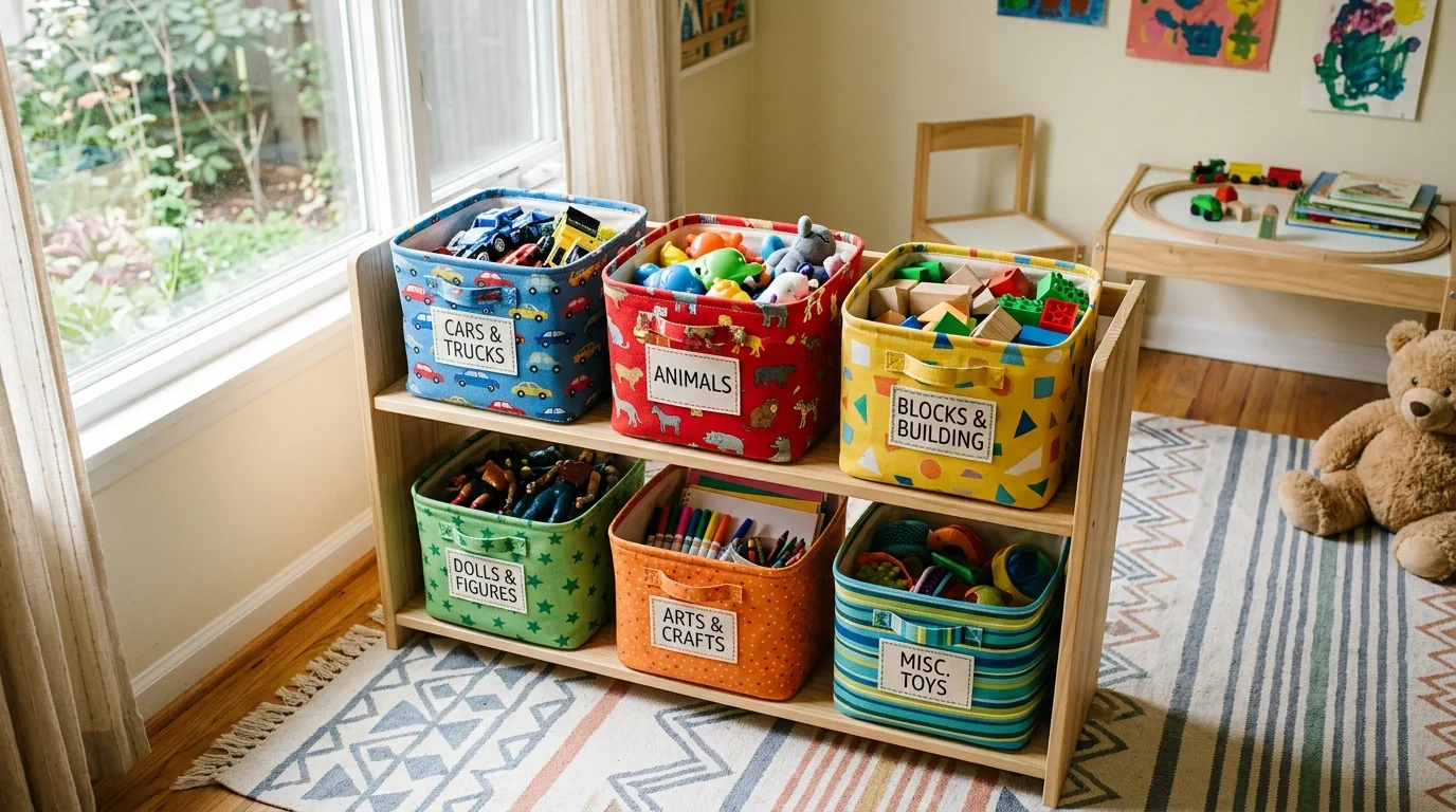 Sort toys into baskets by category for 11 Genius Kids Organization Hacks for Toy Chaos Control