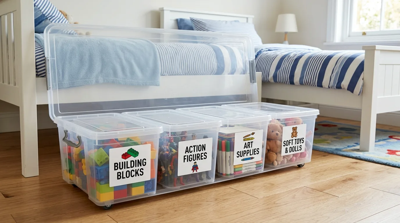 Label chest or under-bed bins clearly for 11 Genius Kids Organization Hacks for Toy Chaos Control