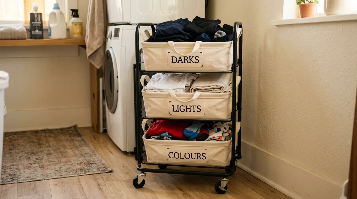 Try a compact three-basket cart for 13 Smart Laundry Basket with Wheels Ideas for Easy Sorting
