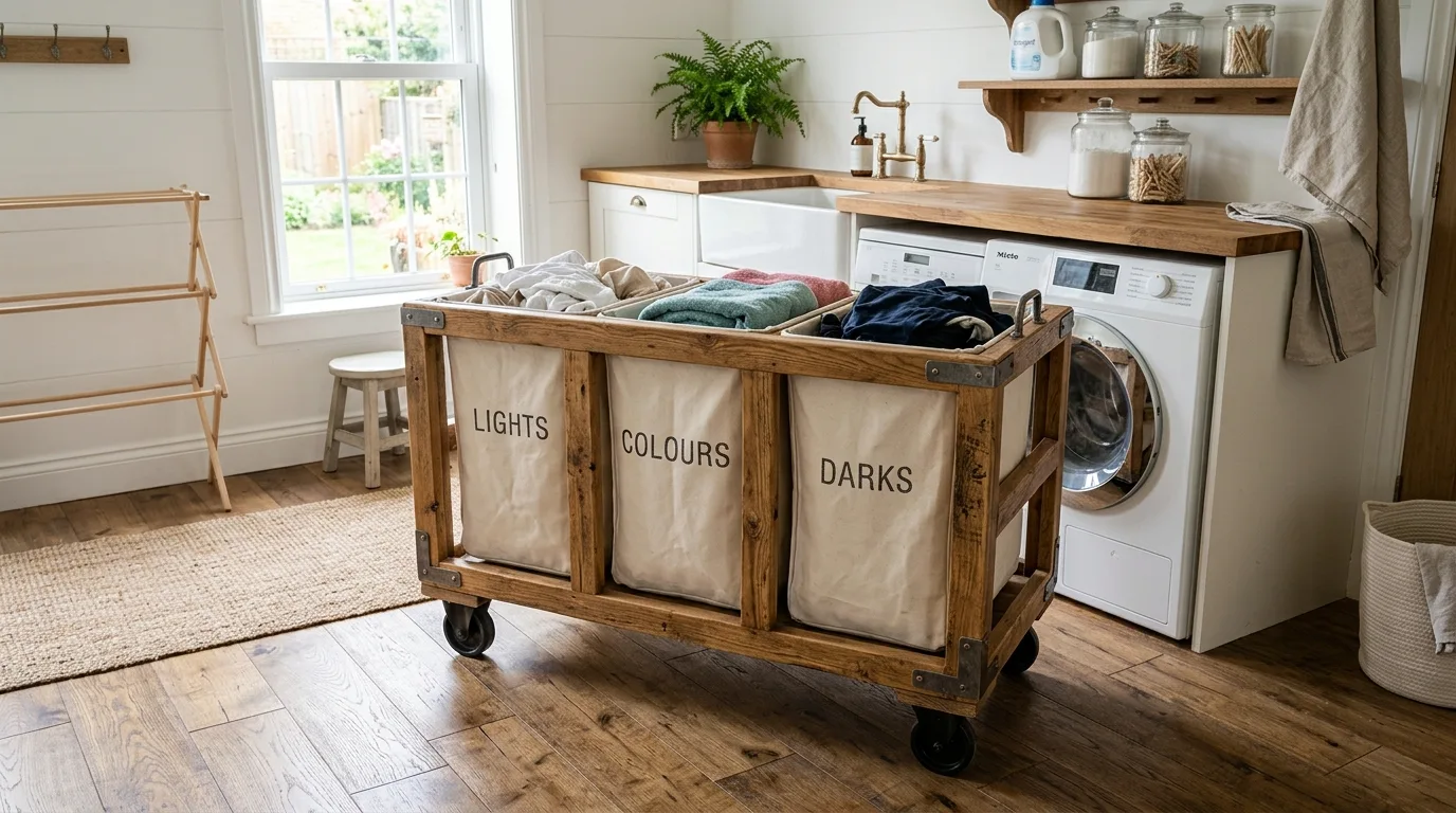 Use a wooden cart for warmth and style for 13 Smart Laundry Basket with Wheels Ideas for Easy Sorting