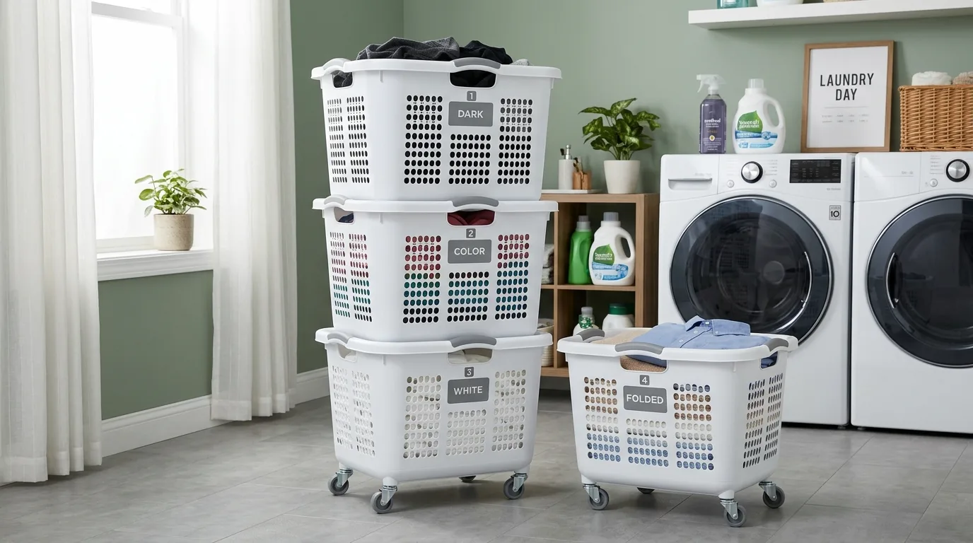 Stack baskets to save floor space for 13 Smart Laundry Basket with Wheels Ideas for Easy Sorting