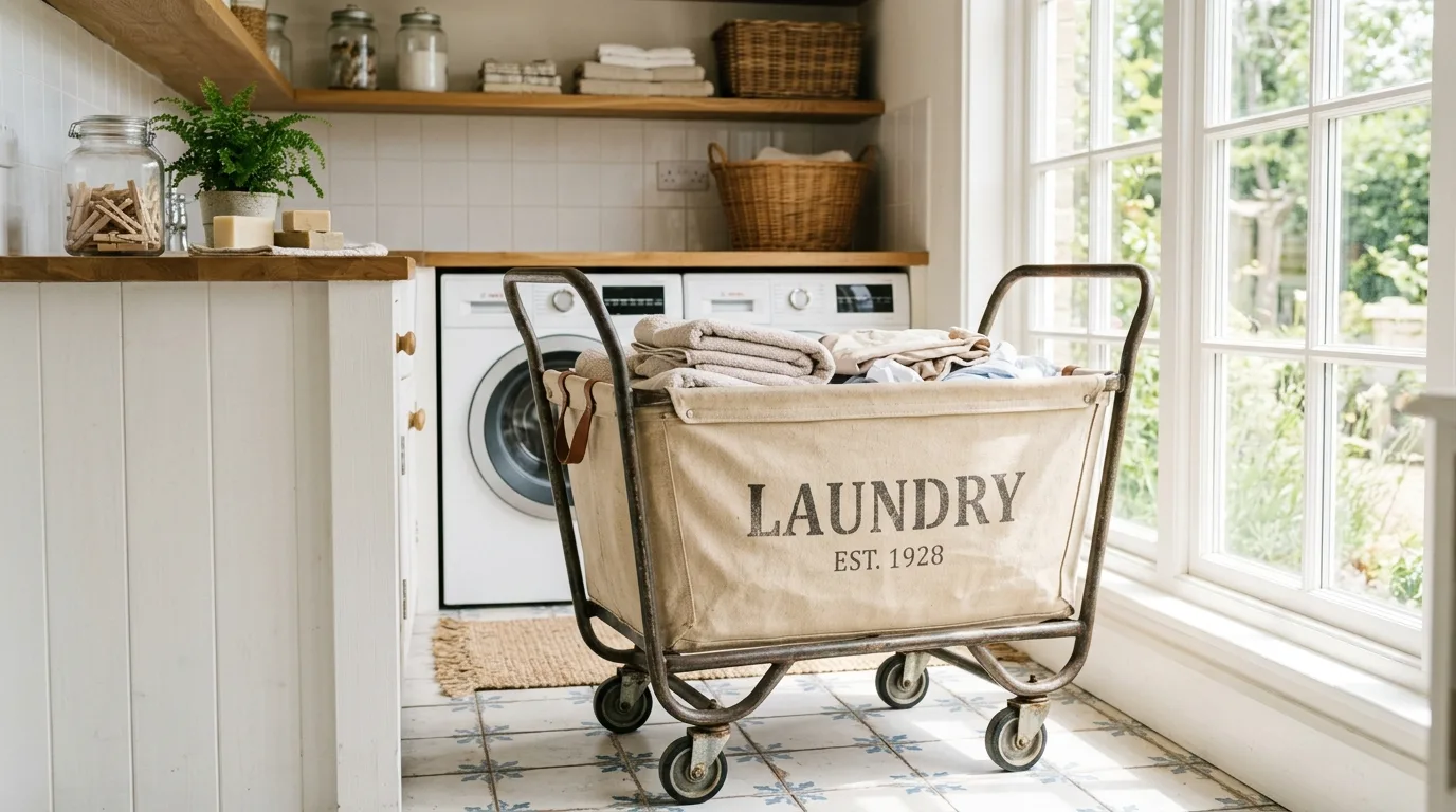 Add a vintage-inspired rolling hamper for 13 Smart Laundry Basket with Wheels Ideas for Easy Sorting
